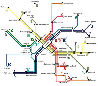 Netzplan Nr. 4: Linie 9 Ahlem – Fasanenkrug und Linie 10 Hauptbahnhof – Empelde
