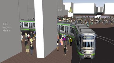 Visualisierung: Ecke an der Ernst-August-Galerie mit engen Gleis­radien und nah vorbei­fahrenden Bahnen