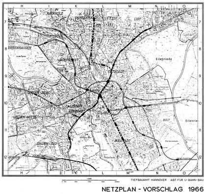 Verbesserter Netz­plan 1966 mit vier Tunnel­ästen (D-Linie zur Entlastung)