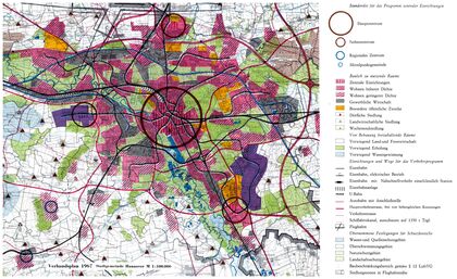 Verbandsplan 1967. Die geplanten Siedlungsgebiete Heisterberg und Kronsberg sind violett eingefärbt und werden als „Nebenzentrum” betitelt. Quelle: Urbanistica Verlag.