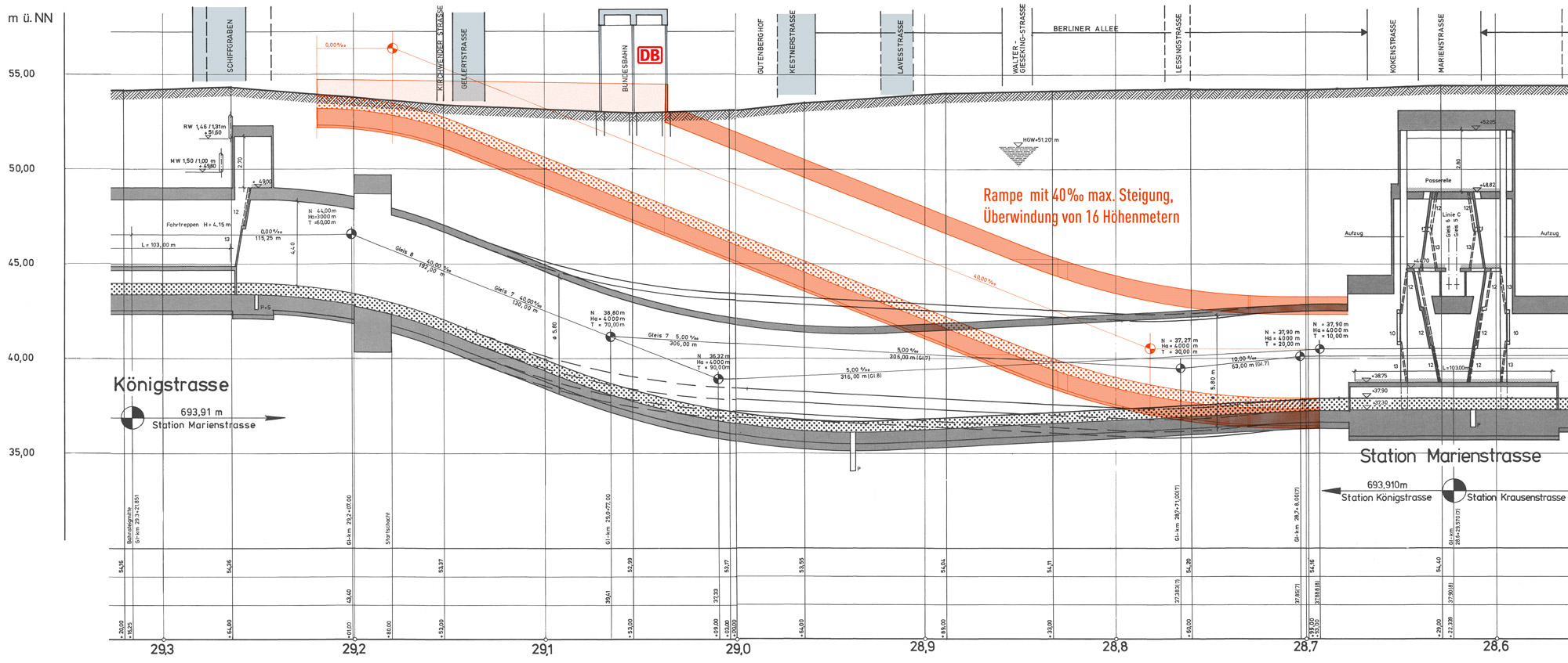 Überlagerung einer benötigten Rampe in der Berliner Allee (rot) mit den 1992 geplanten D-Tunnel zwischen Königstraße und Marienstraße