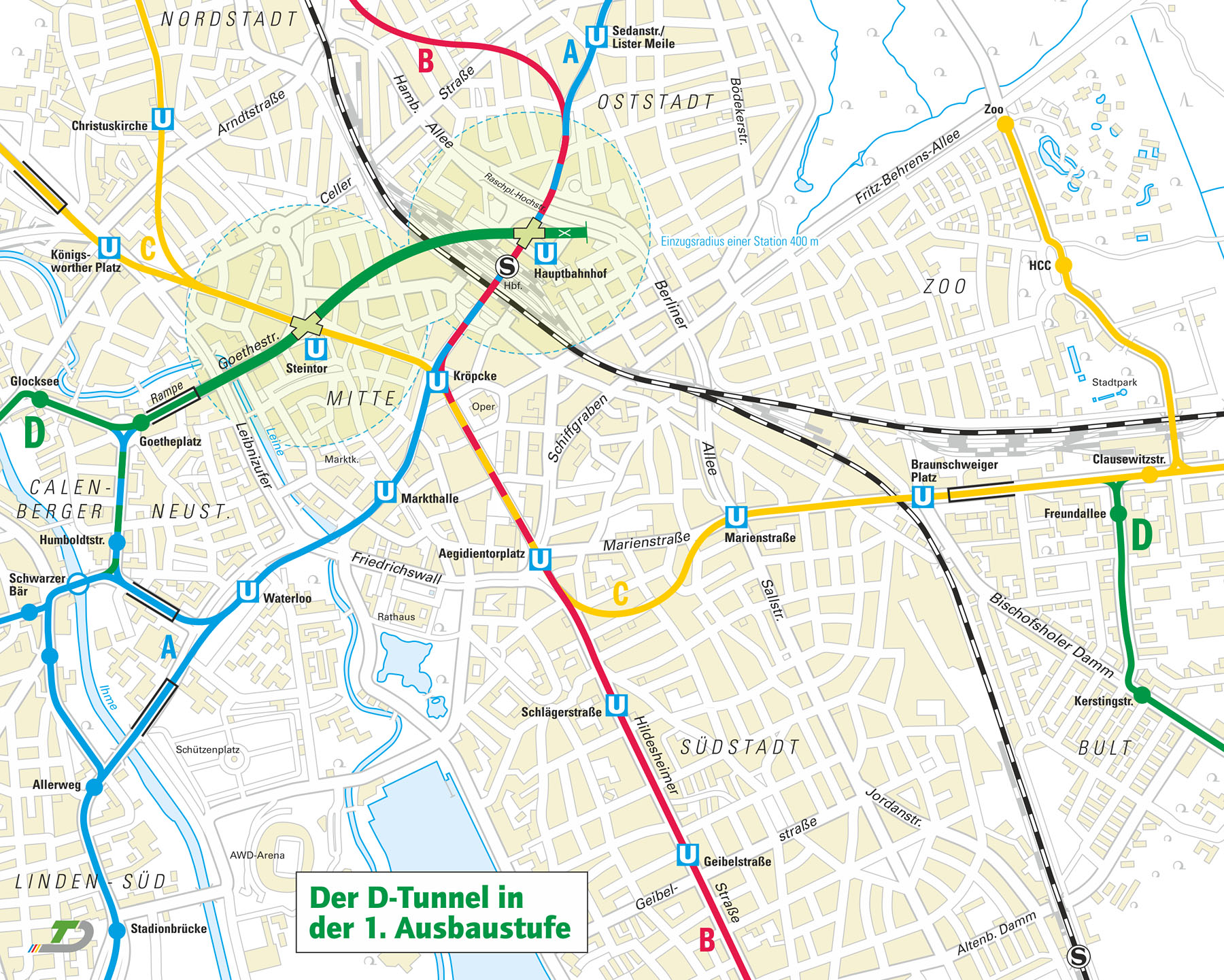 Karte der 1. Ausbau­stufe des D-Tunnels Goethe­platz–Haupt­bahnhof
