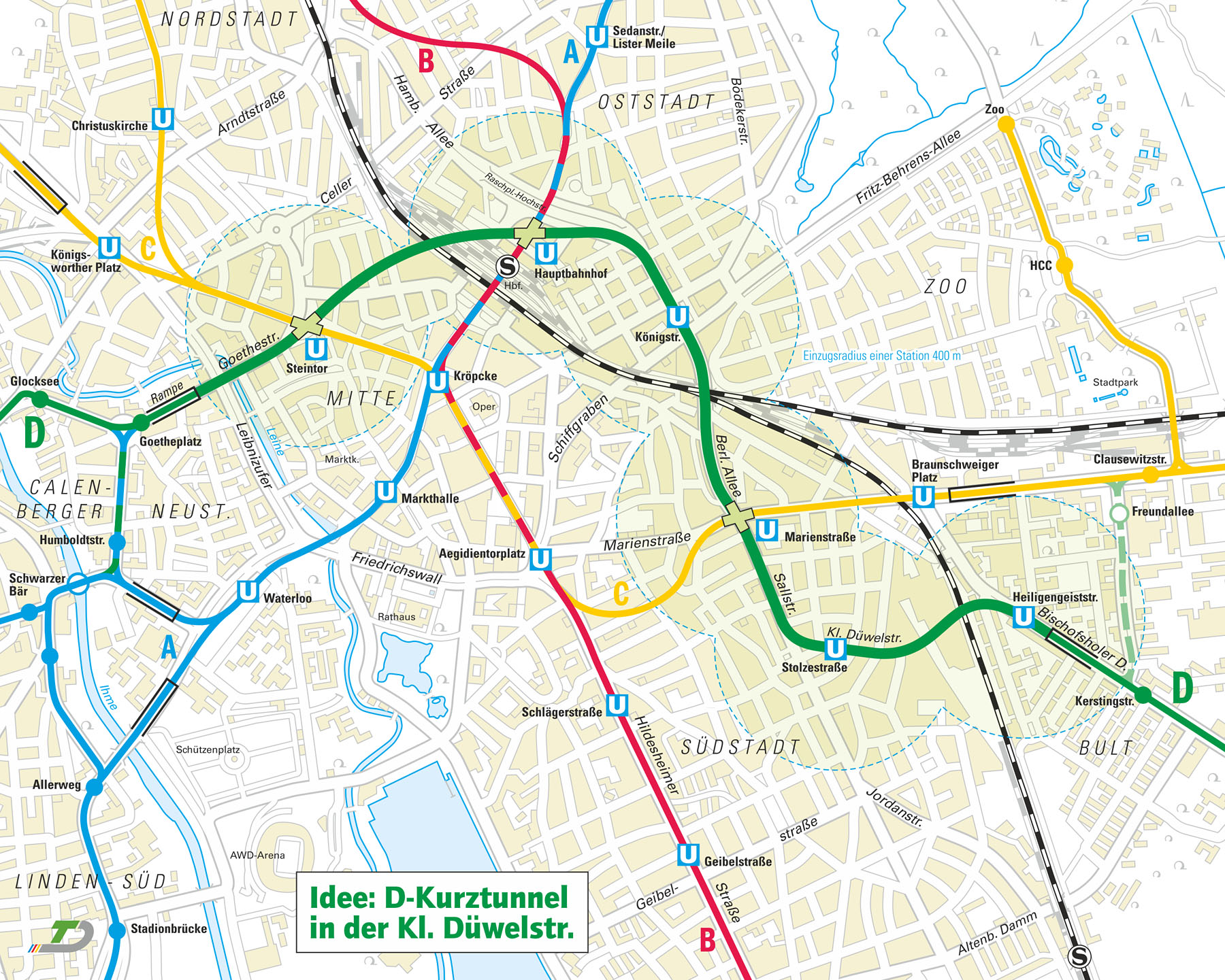 Karte eines kürzeren D-Tunnels über Kleine Düwelstraße